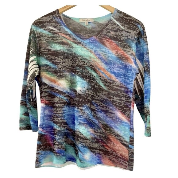 Jess & Jane Watercolor Rhinestone 3/4 Sleeve Pullover Shirt Top Women’s Small - Picture 1 of 7